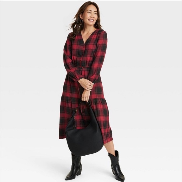 NWT Knox Rose red and black plaid flannel tiered midi dress Size XL - Picture 8 of 9